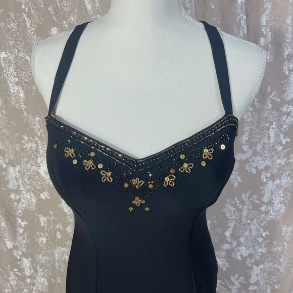 Vintage Dave & Johnny Black Gold Beaded Gown Mesh Detailing Formal Dress Size 8 - Picture 6 of 13